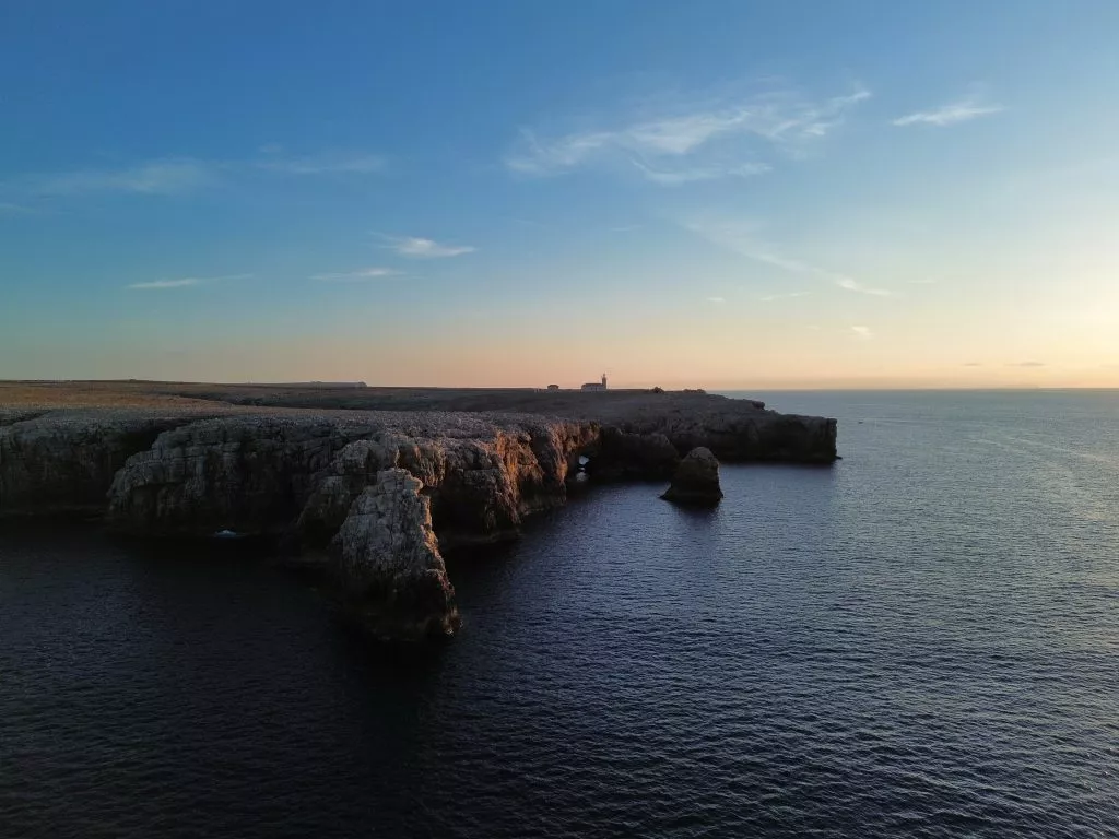 Drone picture of the coast while its getting darker
